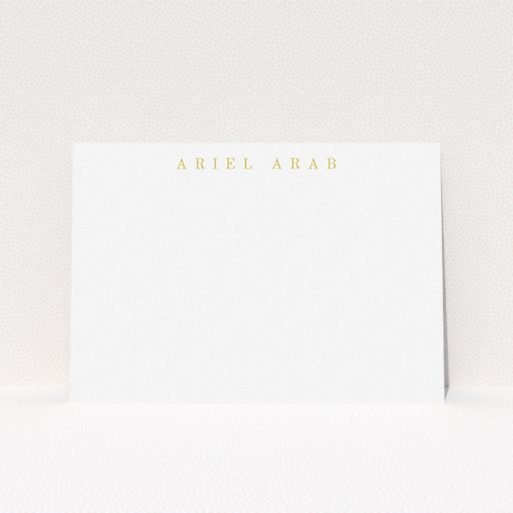 A men personalised note card design named "Top the page". It is an A5 card in a landscape orientation. "Top the page" is available as a flat card, with tones of white and gold.
