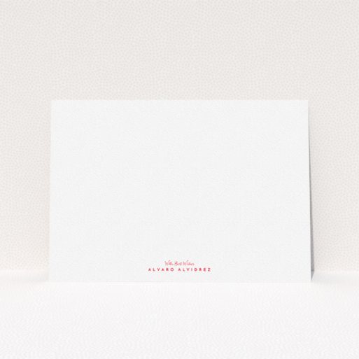 A men personalised note card called "With Best wishes". It is an A5 card in a landscape orientation. "With Best wishes" is available as a flat card, with tones of white and red.