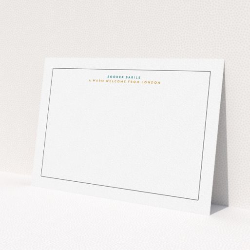 A mens correspondence card design titled 'A warm welcome from'. It is an A5 card in a landscape orientation. 'A warm welcome from' is available as a flat card, with tones of white and green.