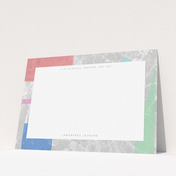 A mens correspondence card design called "Abstract Stone". It is an A5 card in a landscape orientation. "Abstract Stone" is available as a flat card, with tones of red, grey and green.