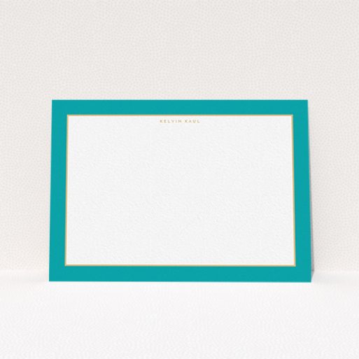 A mens correspondence card named "Blue and gold border". It is an A6 card in a landscape orientation. "Blue and gold border" is available as a flat card, with tones of green and white.