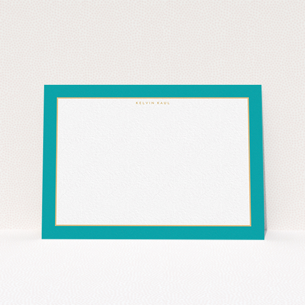 A mens correspondence card named "Blue and gold border". It is an A6 card in a landscape orientation. "Blue and gold border" is available as a flat card, with tones of green and white.