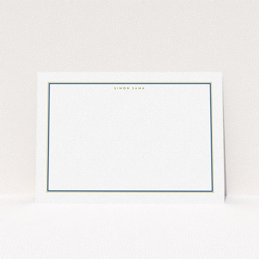 A mens correspondence card design called "Blue and gold border". It is an A6 card in a landscape orientation. "Blue and gold border" is available as a flat card, with mainly white colouring.