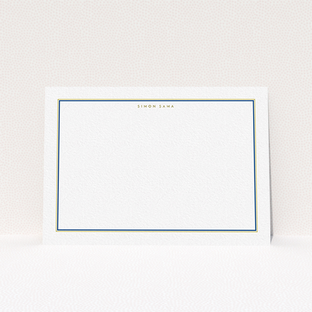 A mens correspondence card design called "Blue and gold border". It is an A6 card in a landscape orientation. "Blue and gold border" is available as a flat card, with mainly white colouring.