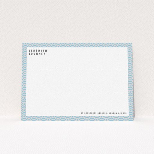A mens correspondence card named "Blue Fan Patterns". It is an A6 card in a landscape orientation. "Blue Fan Patterns" is available as a flat card, with tones of blue and grey.