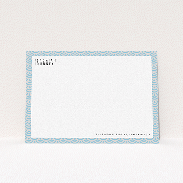 A mens correspondence card named "Blue Fan Patterns". It is an A6 card in a landscape orientation. "Blue Fan Patterns" is available as a flat card, with tones of blue and grey.