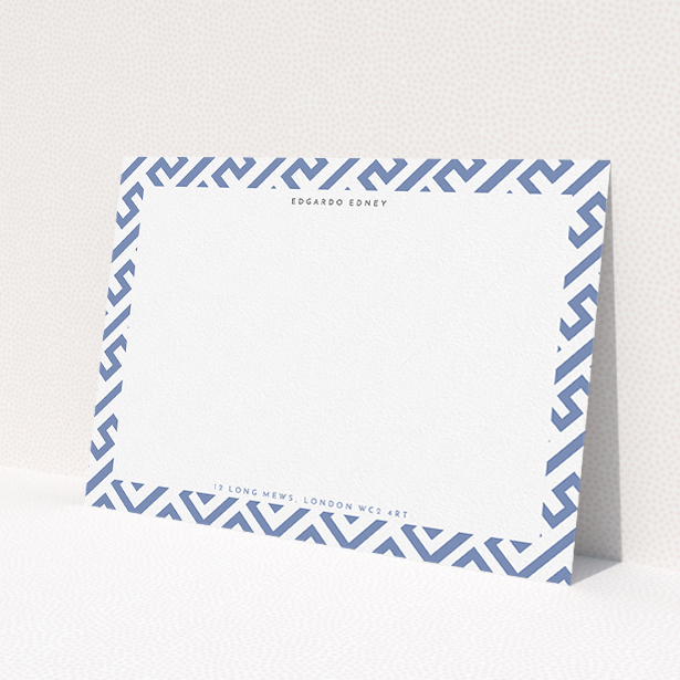 A mens correspondence card template titled 'Blue maze'. It is an A5 card in a landscape orientation. 'Blue maze' is available as a flat card, with tones of blue and white.