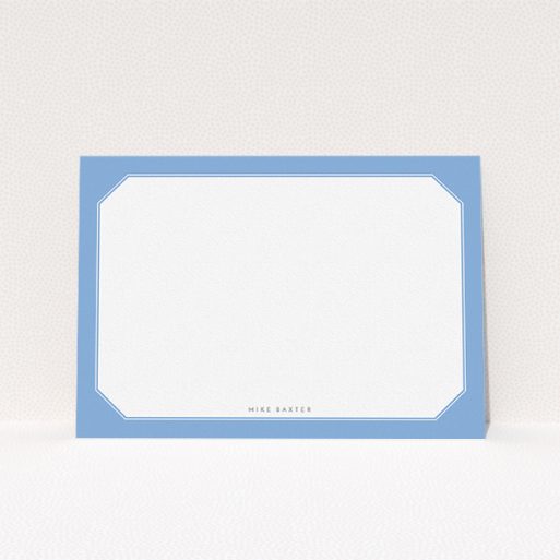 A mens correspondence card design titled "Classic blue". It is an A5 card in a landscape orientation. "Classic blue" is available as a flat card, with tones of blue and white.