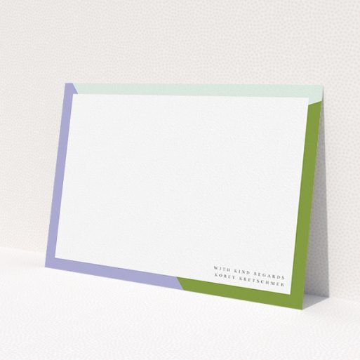 A mens correspondence card template titled 'Colour Thirds'. It is an A5 card in a landscape orientation. 'Colour Thirds' is available as a flat card, with tones of white, green and light blue.