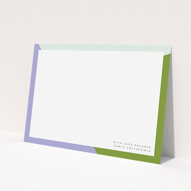 A mens correspondence card template titled "Colour Thirds". It is an A5 card in a landscape orientation. "Colour Thirds" is available as a flat card, with tones of white, green and light blue.