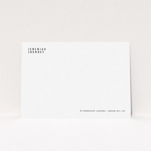 A mens correspondence card design called "Corner to corner". It is an A6 card in a landscape orientation. "Corner to corner" is available as a flat card, with mainly white colouring.