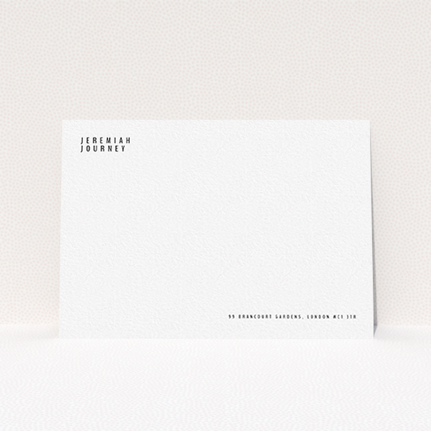 A mens correspondence card design called "Corner to corner". It is an A6 card in a landscape orientation. "Corner to corner" is available as a flat card, with mainly white colouring.