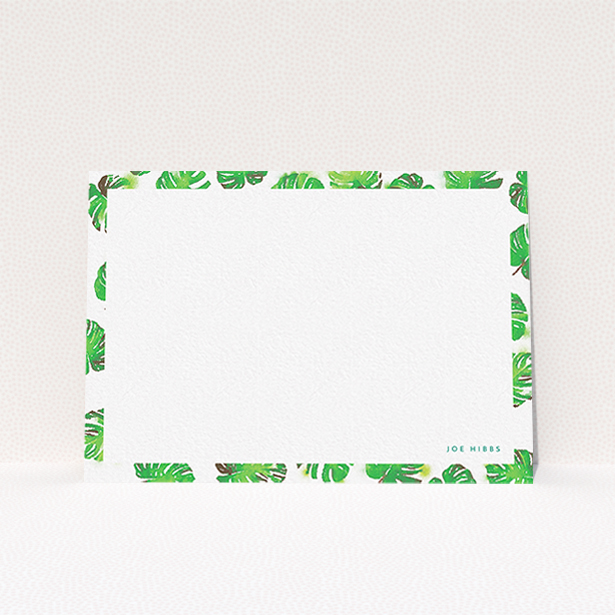 A mens correspondence card design named "Jungle Sky". It is an A6 card in a landscape orientation. "Jungle Sky" is available as a flat card, with tones of green and white.