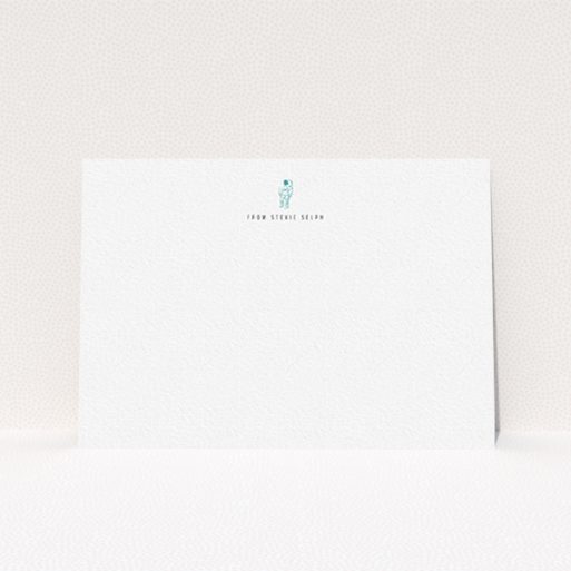 A mens correspondence card design named "One small step". It is an A6 card in a landscape orientation. "One small step" is available as a flat card, with tones of white and green.