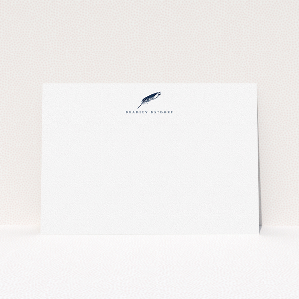 A mens correspondence card design named "Remember the pen". It is an A5 card in a landscape orientation. "Remember the pen" is available as a flat card, with tones of white and blue.