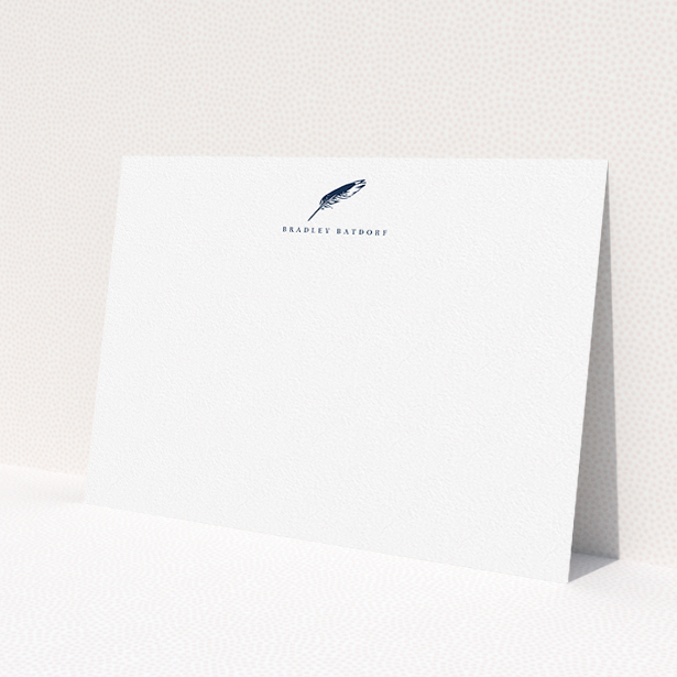 A mens correspondence card design named 'Remember the pen'. It is an A5 card in a landscape orientation. 'Remember the pen' is available as a flat card, with tones of white and blue.