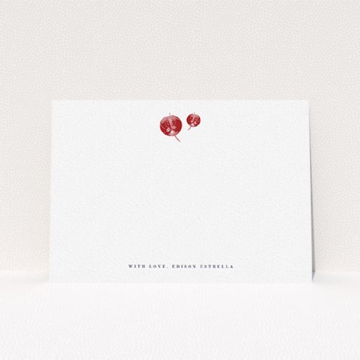 A mens correspondence card design named "Shanghai Nights". It is an A6 card in a landscape orientation. "Shanghai Nights" is available as a flat card, with tones of white and red.