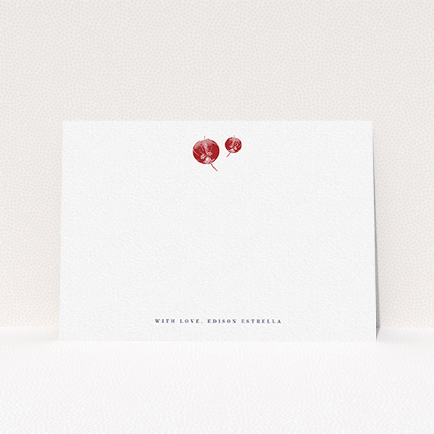 A mens correspondence card design named "Shanghai Nights". It is an A6 card in a landscape orientation. "Shanghai Nights" is available as a flat card, with tones of white and red.