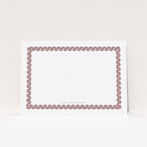 A mens correspondence card design titled "Surrounded by the garden maroon". It is an A6 card in a landscape orientation. "Surrounded by the garden maroon" is available as a flat card, with tones of burgundy and white.