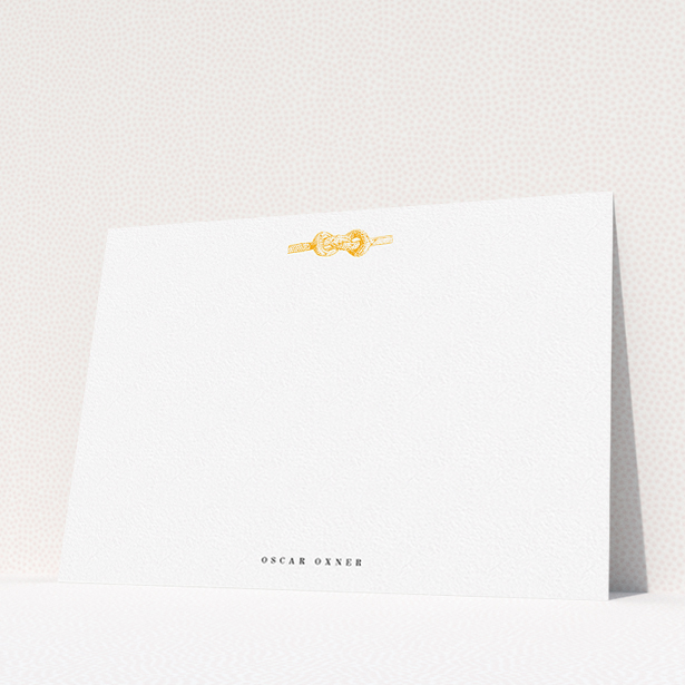 A mens correspondence card design called "Tied the knot". It is an A5 card in a landscape orientation. "Tied the knot" is available as a flat card, with tones of white and orange.