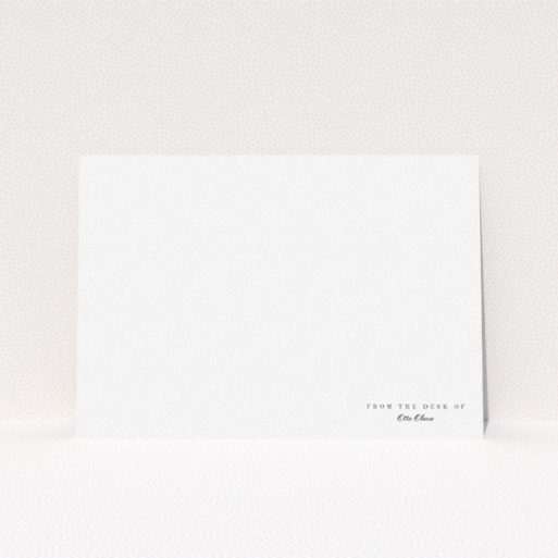 A mens correspondence card named "Tucked in the corner". It is an A5 card in a landscape orientation. "Tucked in the corner" is available as a flat card, with mainly white colouring.