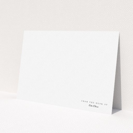 A mens correspondence card named 'Tucked in the corner'. It is an A5 card in a landscape orientation. 'Tucked in the corner' is available as a flat card, with mainly white colouring.