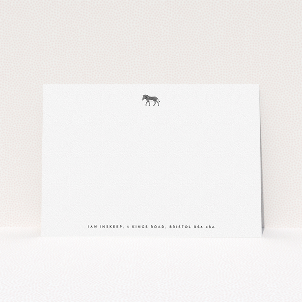 A mens correspondence card design titled "Zebra crossing". It is an A5 card in a landscape orientation. "Zebra crossing" is available as a flat card, with tones of white and black.