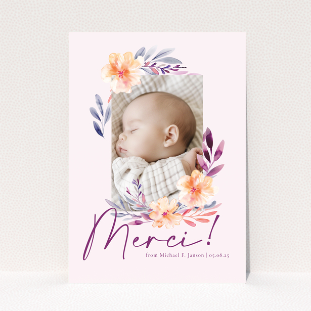 Floral baby thank you card with one photo and pink background