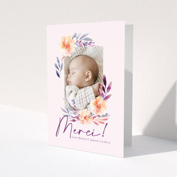 Floral baby thank you card with one photo and pink background