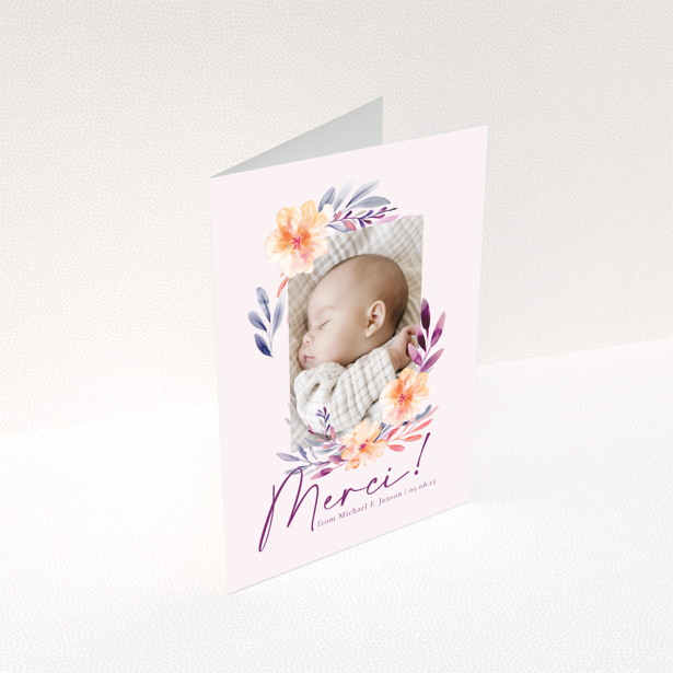 Floral baby thank you card with one photo and pink background