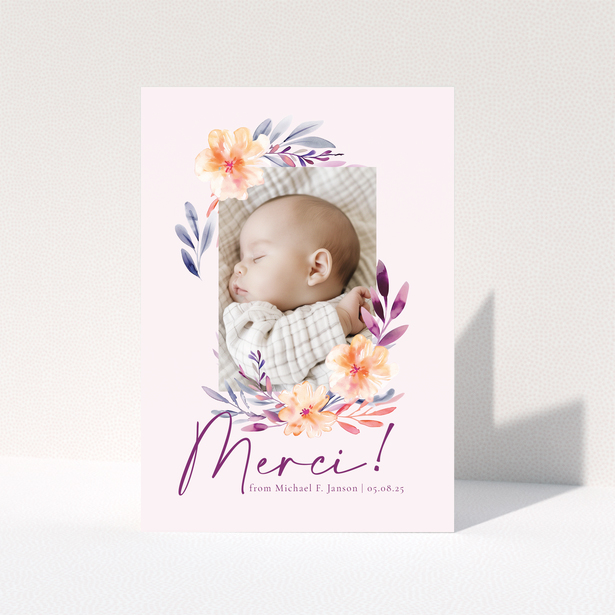 Floral baby thank you card with one photo and pink background