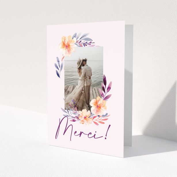 Wedding thank you card with floral design and one photo