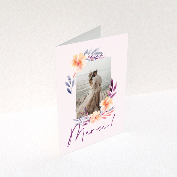 Wedding thank you card with floral design and one photo