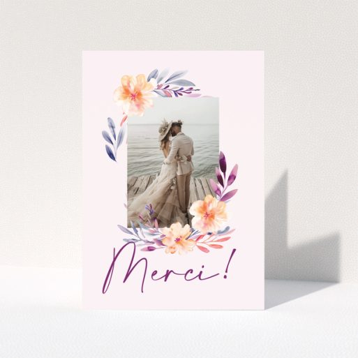 Wedding thank you card with floral design and one photo