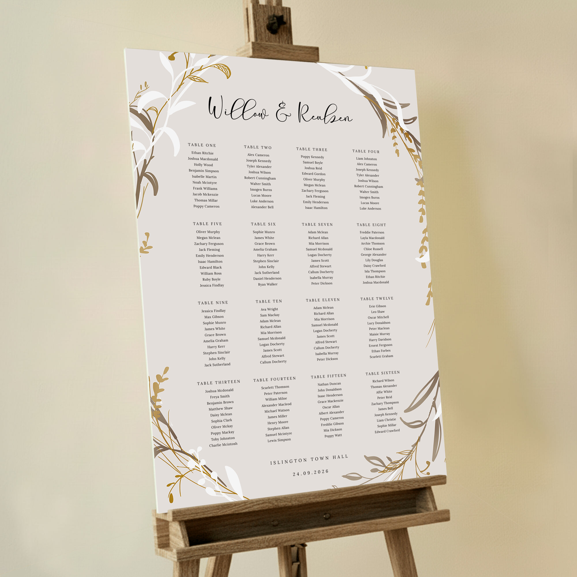 Seating Plan - Metallic Wreath, an elegant design with a white and gold floral wreath on a dark cream background, adding sophistication and warmth to your autumn or winter wedding celebration.. This template shows 16 tables.