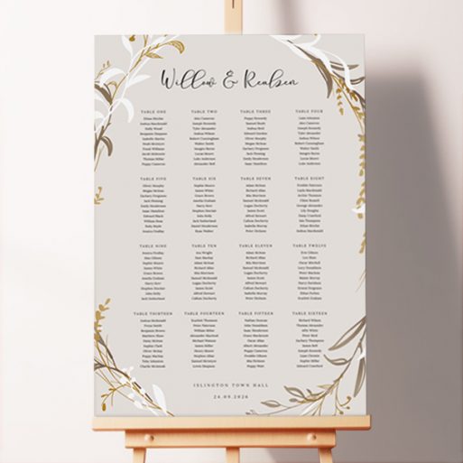 Seating Plan - Metallic Wreath, an elegant design with a white and gold floral wreath on a dark cream background, adding sophistication and warmth to your autumn or winter wedding celebration.. This template shows 16 tables.