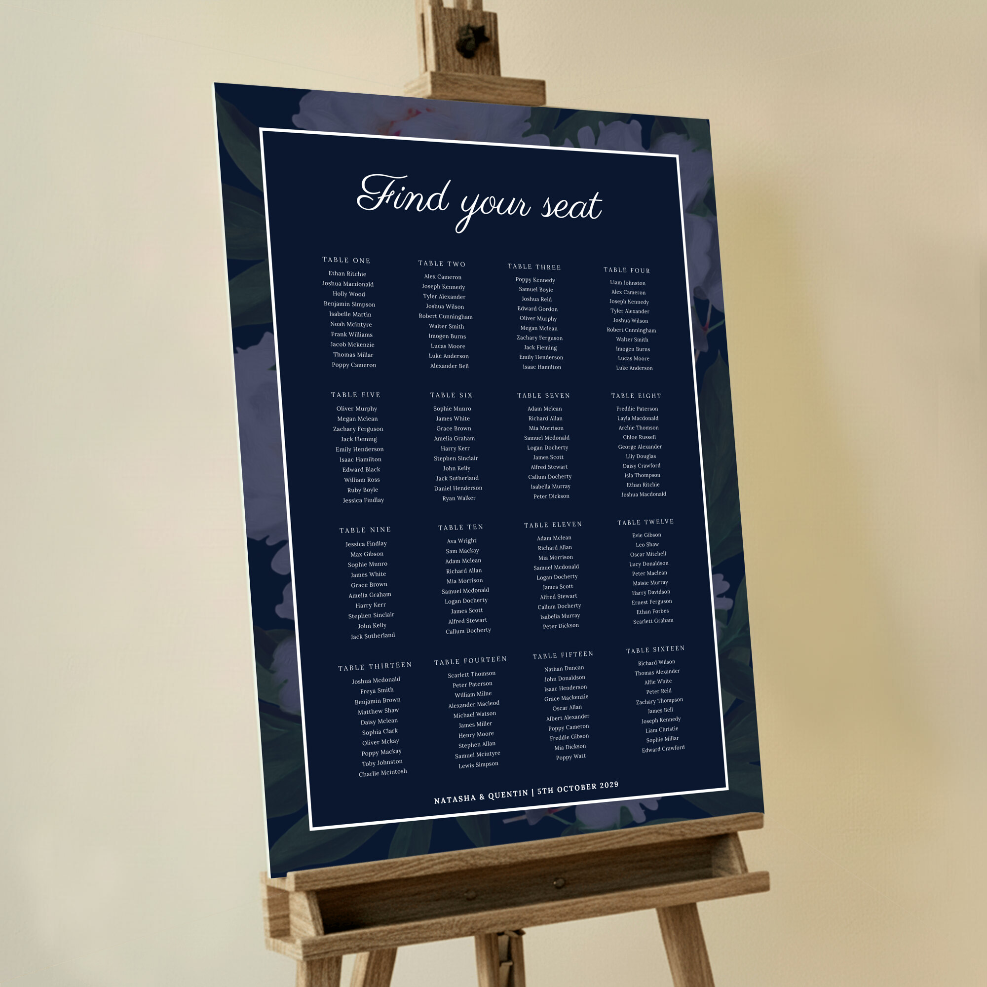 Bespoke Midnight Blooms Seating Charts featuring a dark and elegant design with muted floral illustrations that stand out against the deep navy blue background, adding a touch of elegance and allure to your wedding ambiance.. This design shows 16 tables.