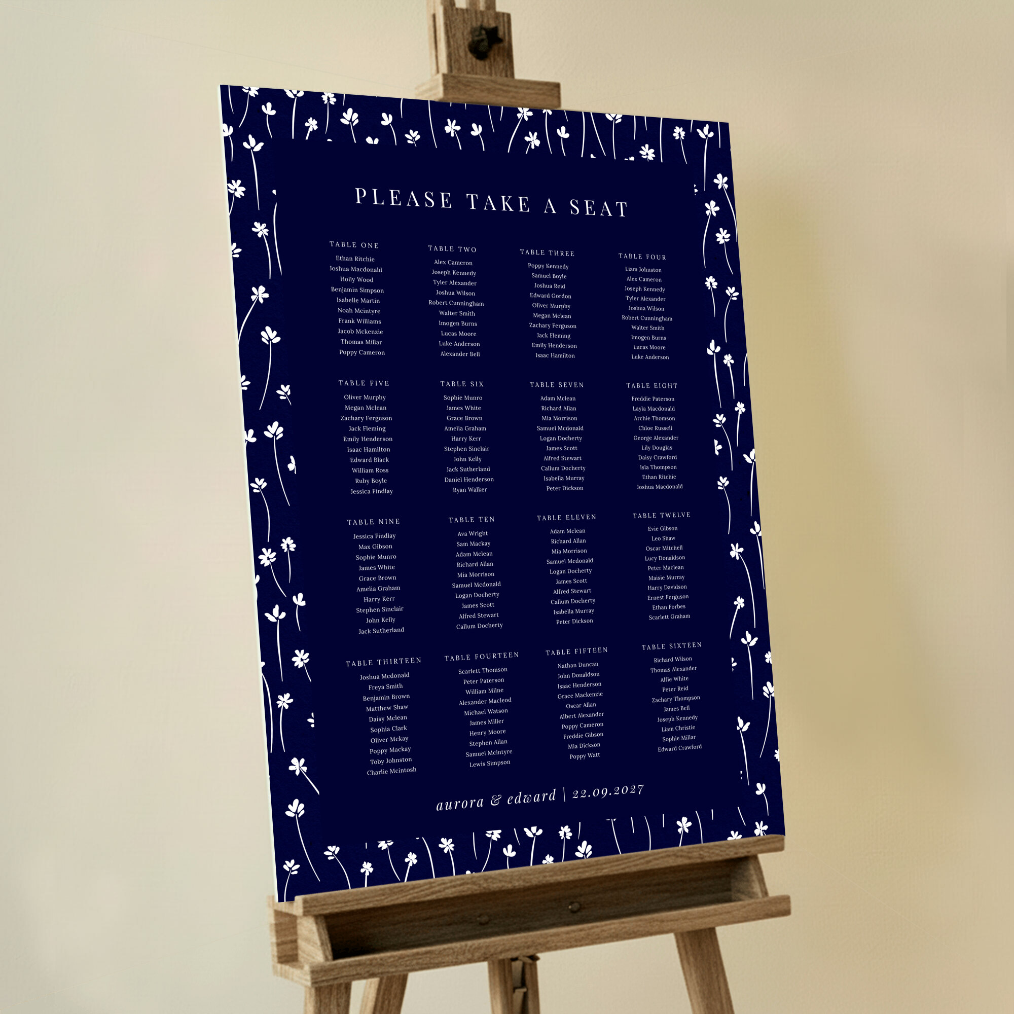Elegant Midnight Blooms Seating Plan featuring white flowers on a dark midnight blue background with white text, adding a touch of enchanting sophistication to your wedding celebration, perfect for an evening affair.. This one is formatted for 16 tables.