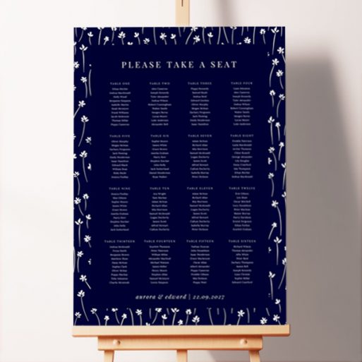 Elegant Midnight Blooms Seating Plan featuring white flowers on a dark midnight blue background with white text, adding a touch of enchanting sophistication to your wedding celebration, perfect for an evening affair.. This one is formatted for 16 tables.