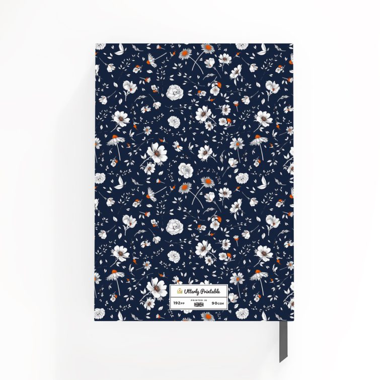 Floral patterned notebook cover design spread with navy background, featuring one placeholder photo spot.