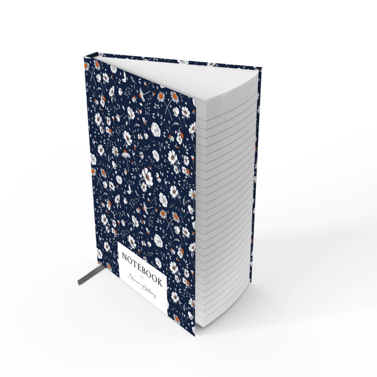 Floral patterned notebook cover design spread with navy background, featuring one placeholder photo spot.