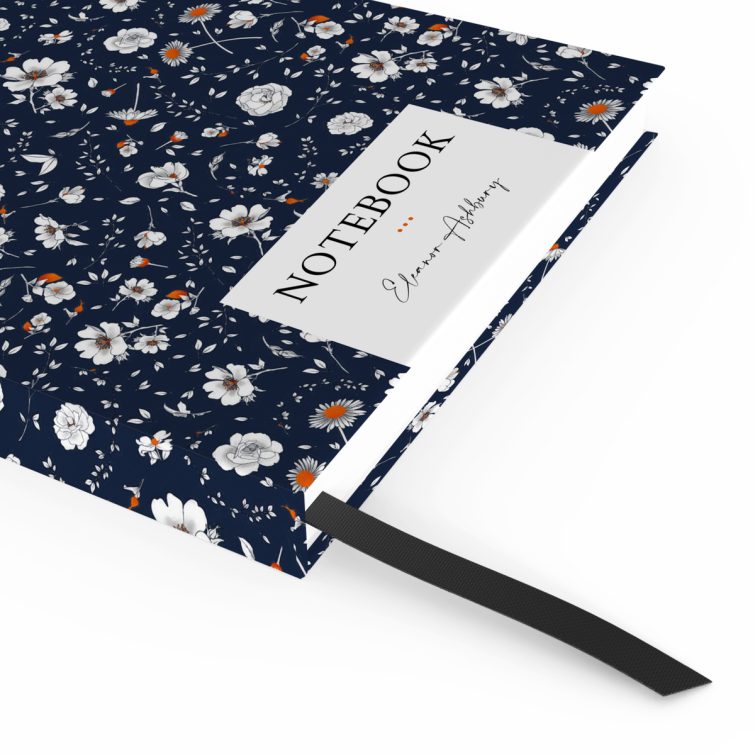 Floral patterned notebook cover design spread with navy background, featuring one placeholder photo spot.