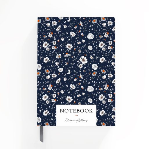 Floral patterned notebook cover design spread with navy background, featuring one placeholder photo spot.