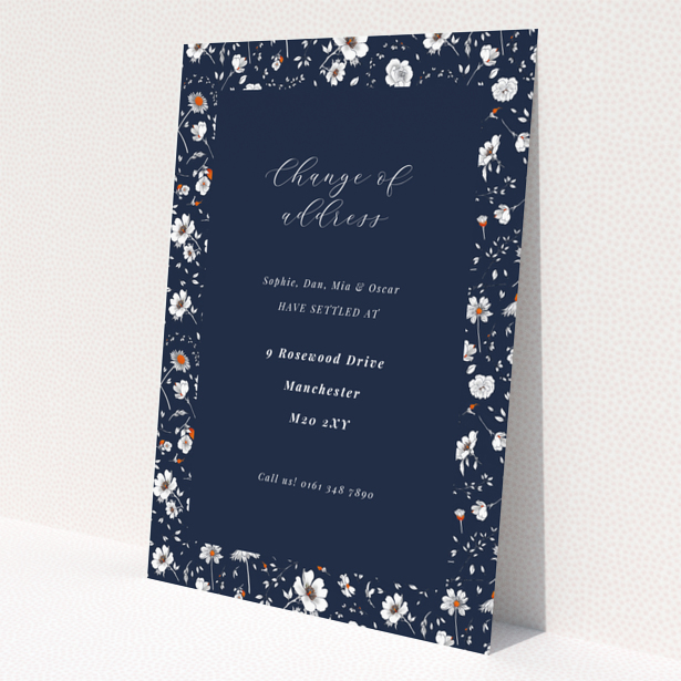 Floral change of address card with navy blue background and no photos