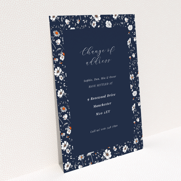 Change of address card design named Portrait on a navy floral background