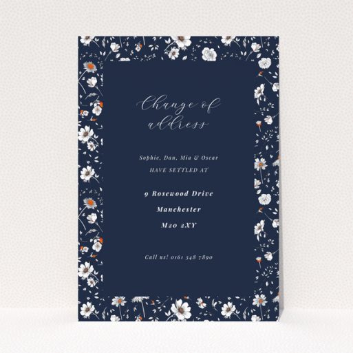 Floral change of address card with navy blue background and no photos