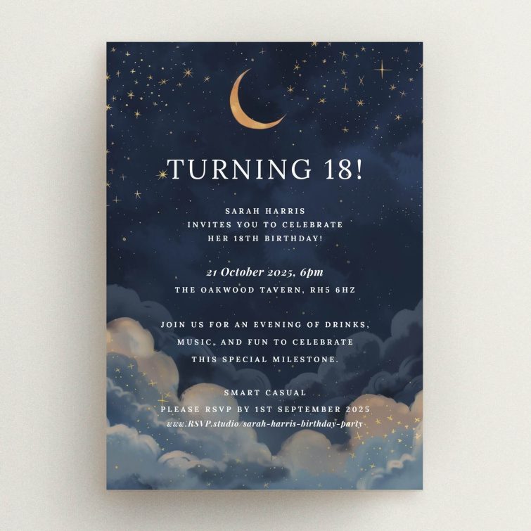 Starry night themed 18th birthday invitation with one decorative illustration.