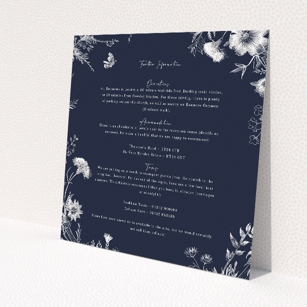 Midnight Mayfair Florals Wedding Information Insert Cards - Romantic Botanical Illustrations Design. This image shows the front and back sides together