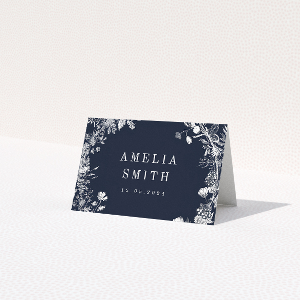 Midnight Mayfair Florals place cards table template - elegant white botanical illustration on navy background. This is a view of the front