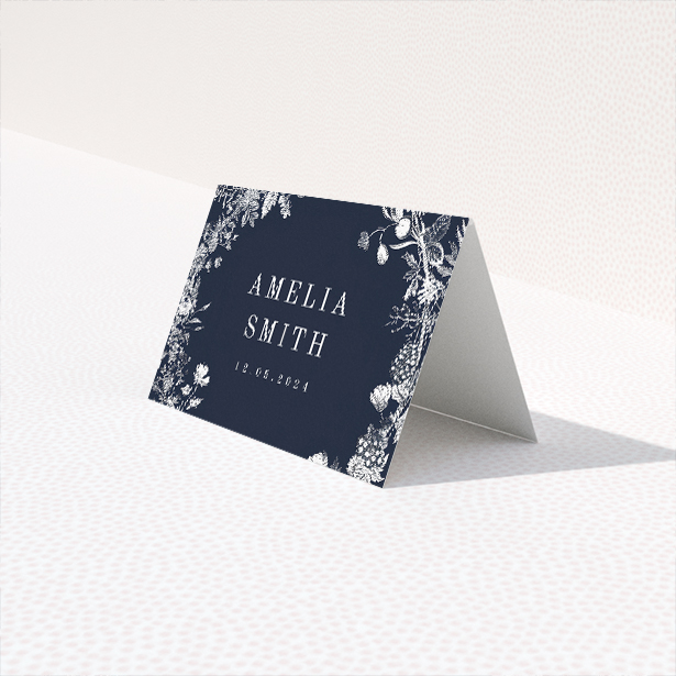 Midnight Mayfair Florals place cards table template - elegant white botanical illustration on navy background. This is a third view of the front